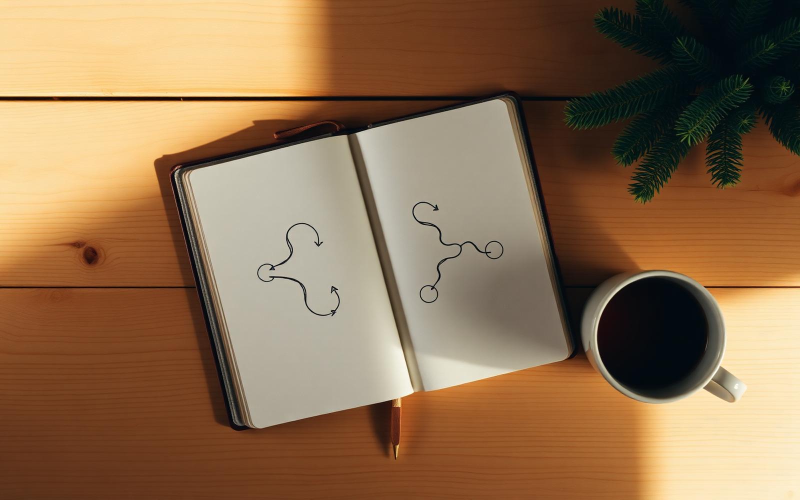 An open notebook with a hand-drawn user journey map on a warm wooden desk