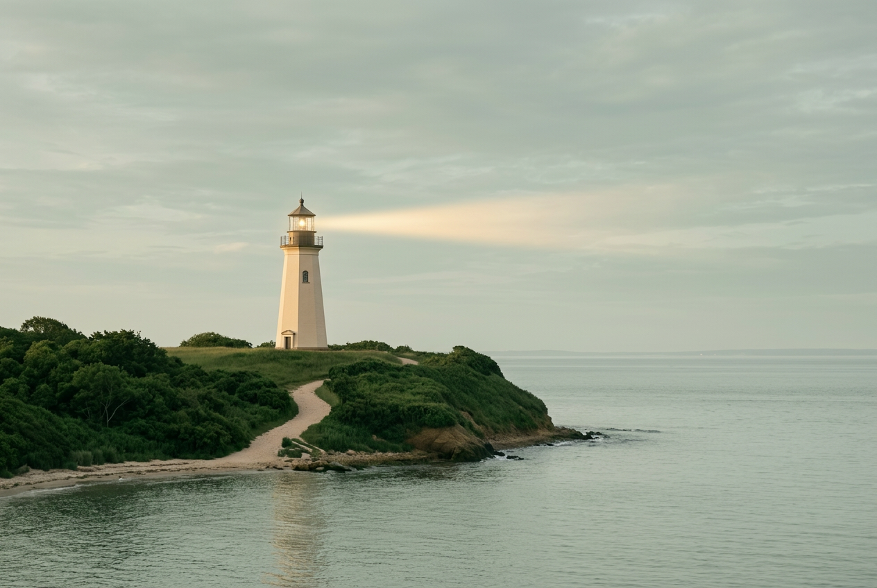 Weathered white coastal lighthouse on a grassy bluff overlooking calm ocean at golden hour.