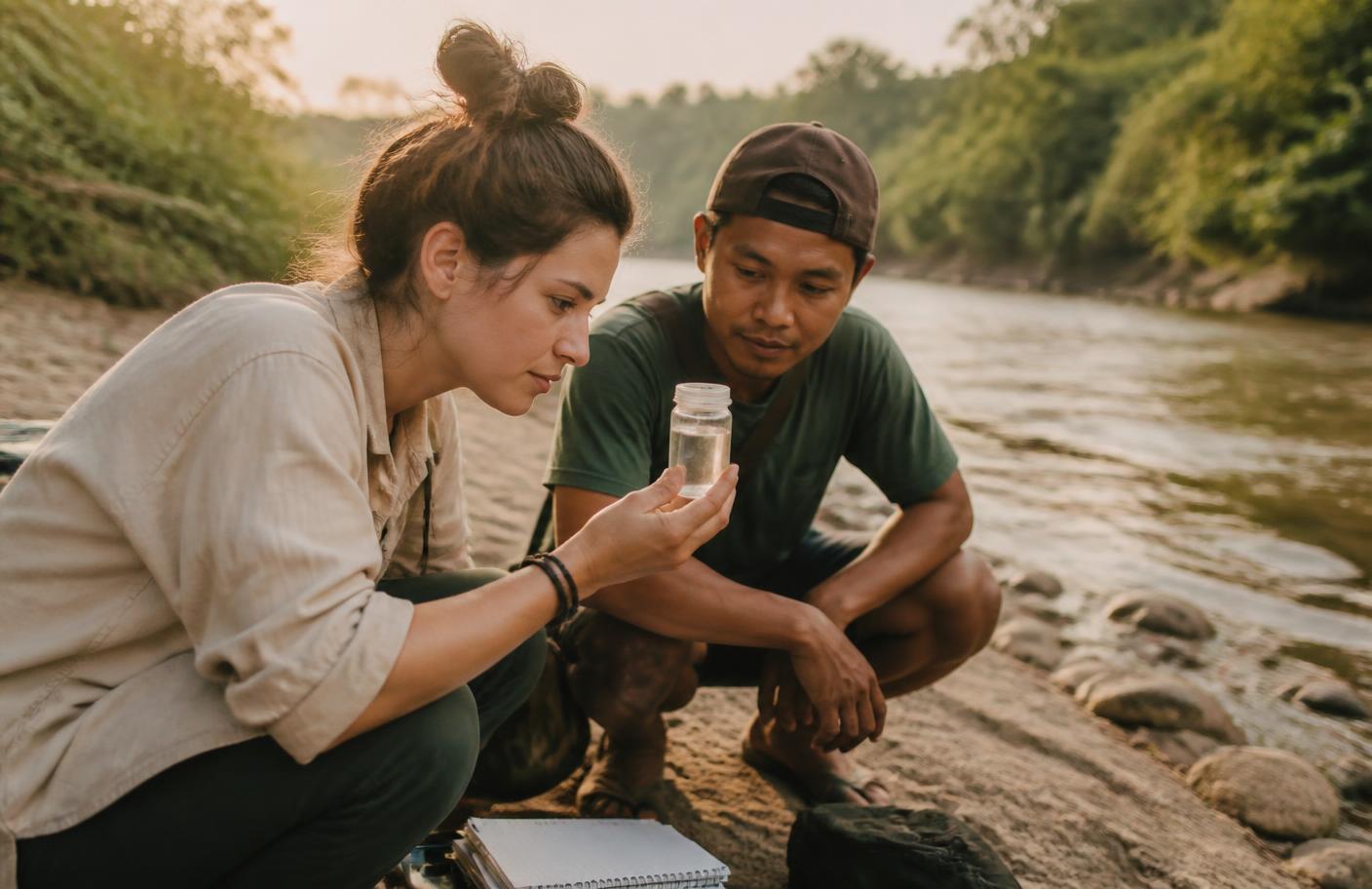 A field researcher and a community volunteer examining a water sample together on a riverbank.