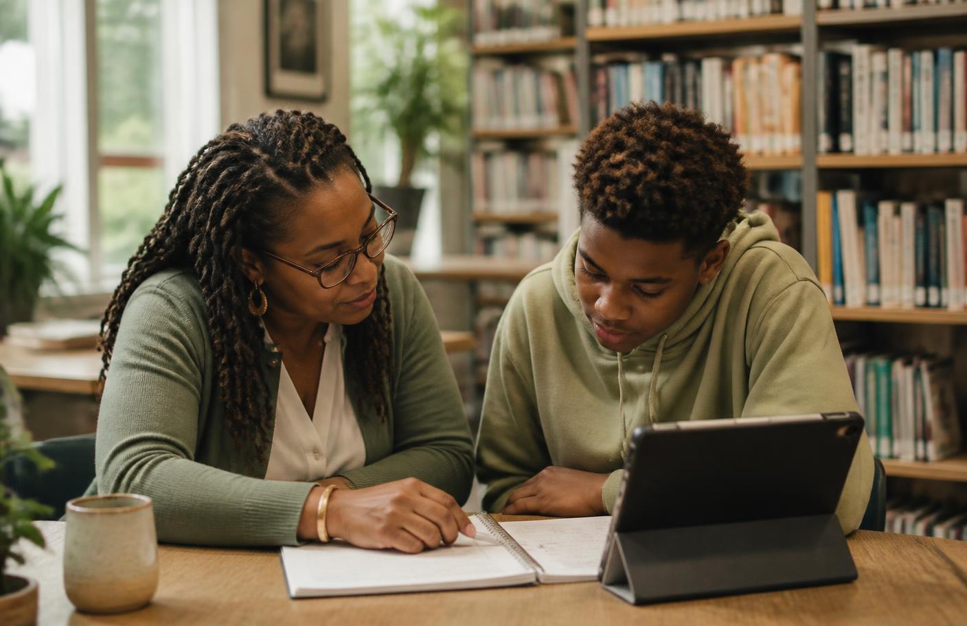 An educator working through a notebook and tablet beside a student in a community library.